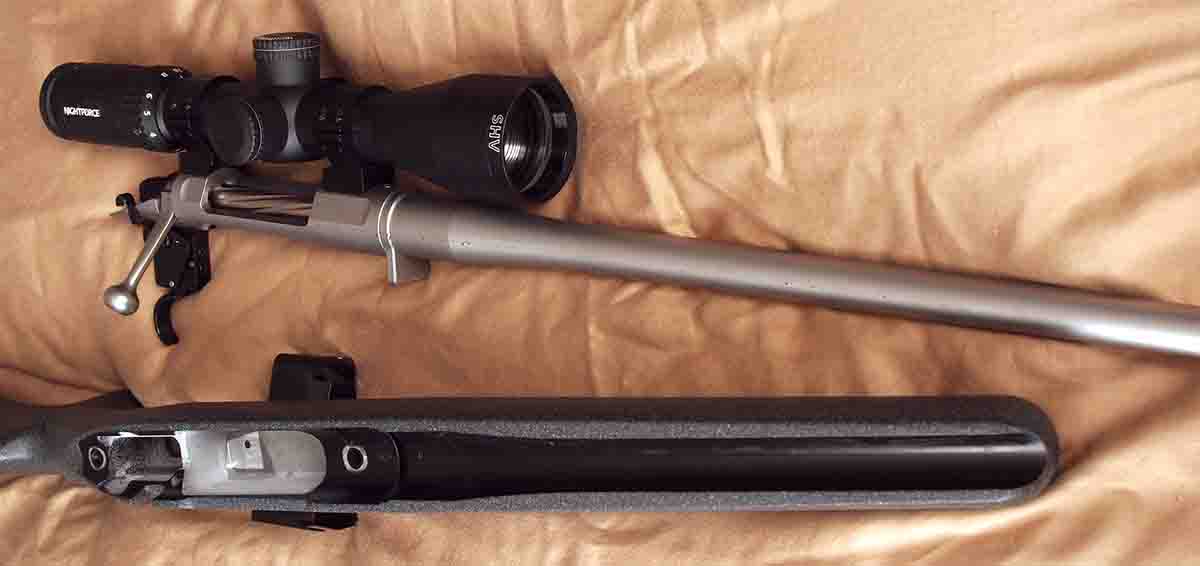 The stock is bedded from the bolt shroud to the end of the forend to reduce barrel vibration. Pillars are used at each end of the action.